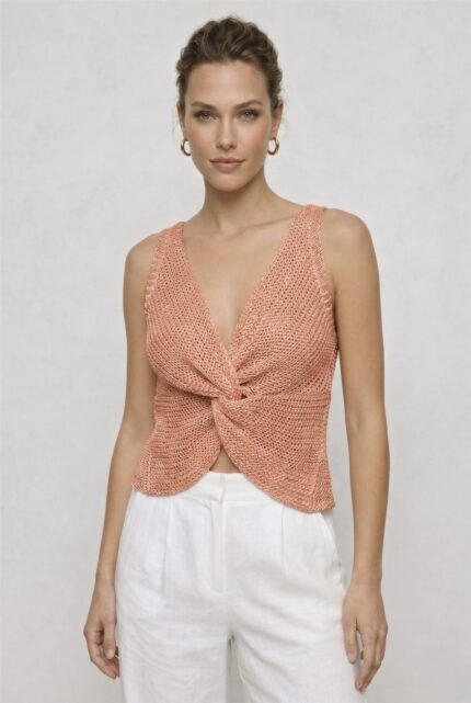 Twist Knot Detaylı Premium Kadın Triko Bluz – V Yaka Örgü Dokulu Şık Crop Tasarım - 38, Somon