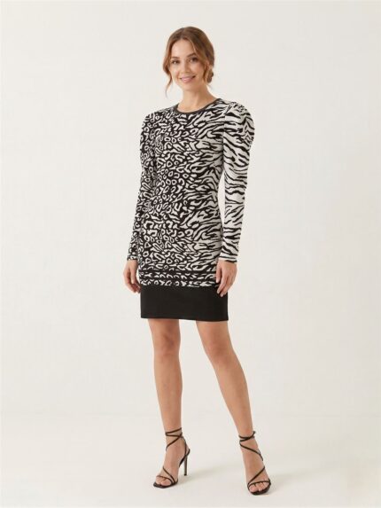 Siyah Beyaz Zebra Desenli Balon Omuz Mini Elbise - 44-46, Siyah-Beyaz
