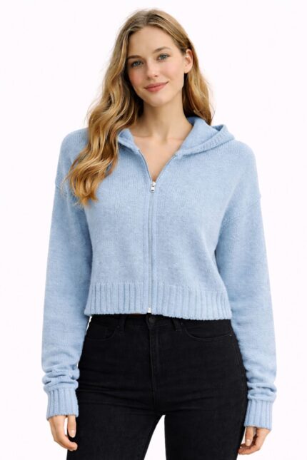 Kadın Kapüşonlu Fermuarlı Triko Hırka - L/XL, Açık Mavi