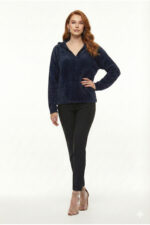 Lacivert Yumuşak Peluş Kapüşonlu Sweatshirt