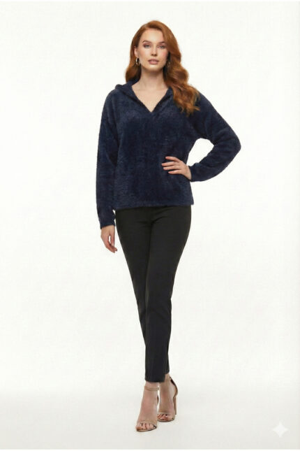 Lacivert Yumuşak Peluş Kapüşonlu Sweatshirt