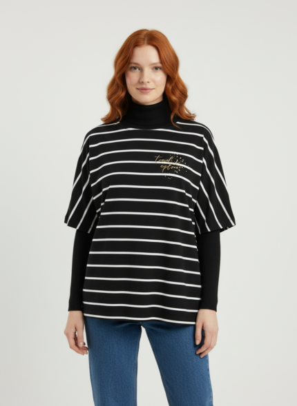 Kadın Siyah Beyaz Çizgili Oversize T-Shirt