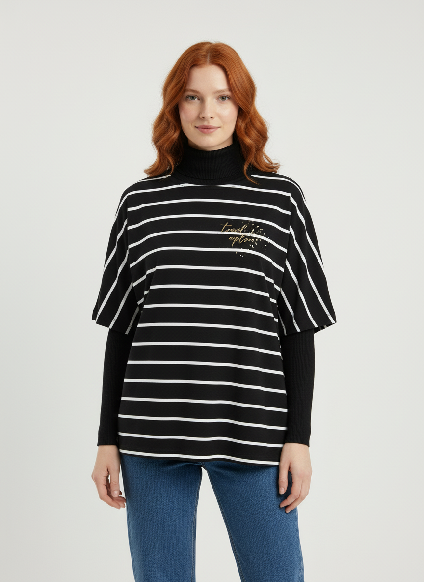 fe7daf1d-757a-4313-ba23-37a5d8600d6a-7.png Kadın Siyah Beyaz Çizgili Oversize T-Shirt - Görsel 1