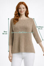 Camel Kayık Yaka Salaş Triko Kazak - Görsel 5