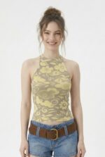 Kadın Fitilli Baskılı Halter Yaka Crop Bluz