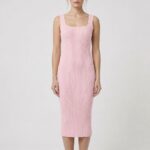 Premium Fit Kare Yaka Fitilli Triko Midi Elbise