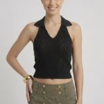 Kadın Polo Yaka Sırt Dekolteli Crop Bluz