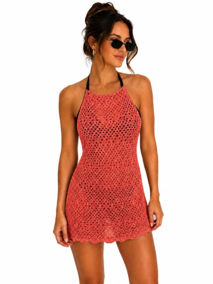 Ajurlu Sırt Dekolteli Transparan Beachwear - Mini Plaj Elbisesi