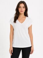 V Yaka Kadın Beyaz Basic T-Shirt