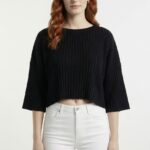 Kadın Siyah Triko Crop Bluz