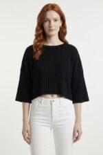 Kadın Siyah Triko Crop Bluz