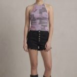 Kadın Fitilli Grafik Desenli Baskılı Halter Yaka Crop Bluz