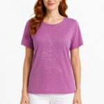 Kadın Mor Baskılı Kısa Kollu Pamuklu T-Shirt