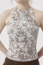 Kadın Fitilli Baskılı Beyaz Kahve Halter Yaka Crop Bluz - Görsel 3