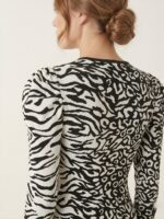 Siyah Beyaz Zebra Desenli Balon Omuz Mini Elbise - Görsel 4