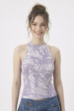 Kadın Fitilli Çizgi Baskılı Halter Yaka Crop Bluz