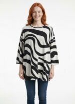 Oversize Siyah Beyaz Desenli Kadın Triko Bluz