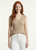 Neden Tekstil Kadın Basic Fit V Yaka Kolsuz Bej Süveter