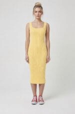 Premium Fit Kare Yaka Fitilli Triko Midi Elbise