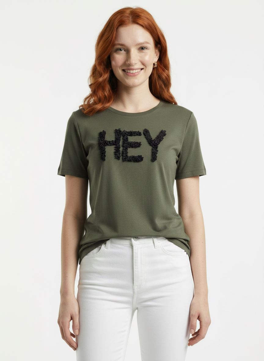 4580d69320024684aeb69a2cc0ecf98d.jpg Neden Tekstil Kadın Pamuk Hey Yazılı Yuvarlak Yaka T-Shirt - Görsel 1