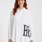 Beyaz Kadın Oversize Gömlek Siyah Payet Detaylı