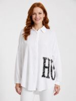 Beyaz Kadın Oversize Gömlek Siyah Payet Detaylı