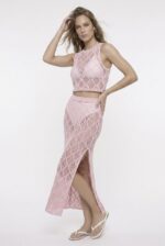 Dantel Görünümlü Ajurlu Beachwear Crop Top ve Yırtmaçlı Uzun Etek Triko Takım