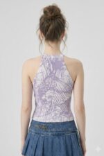 Kadın Fitilli Çizgi Baskılı Halter Yaka Crop Bluz - Görsel 3