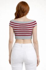 Marin Stil Çizgili Kayık Yaka Triko Kazak Bluz - Görsel 2