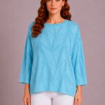 Kadın Mavi Triko Dokulu Oversize Bluz