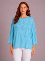 Kadın Mavi Triko Dokulu Oversize Bluz