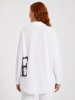 Beyaz Kadın Oversize Gömlek Siyah Payet Detaylı - Görsel 2