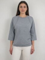 Kadın Gri Triko Regular Fit 3/4 Kol Kazak