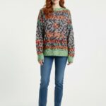 Kadın Rock & Roll Desenli Oversize Triko Kazak