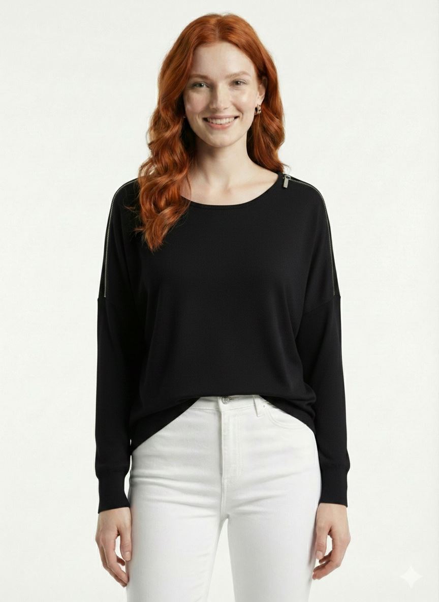 9efb878f-8ee0-46d2-8777-110f05771c67.jpg Kadın Siyah Basic Relaxed Fit Uzun Kollu Bluz - Görsel 1