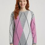 Kadın Triko Geometrik Desenli Oversize Kazak