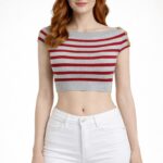Marin Stil Çizgili Kayık Yaka Triko Kazak Bluz