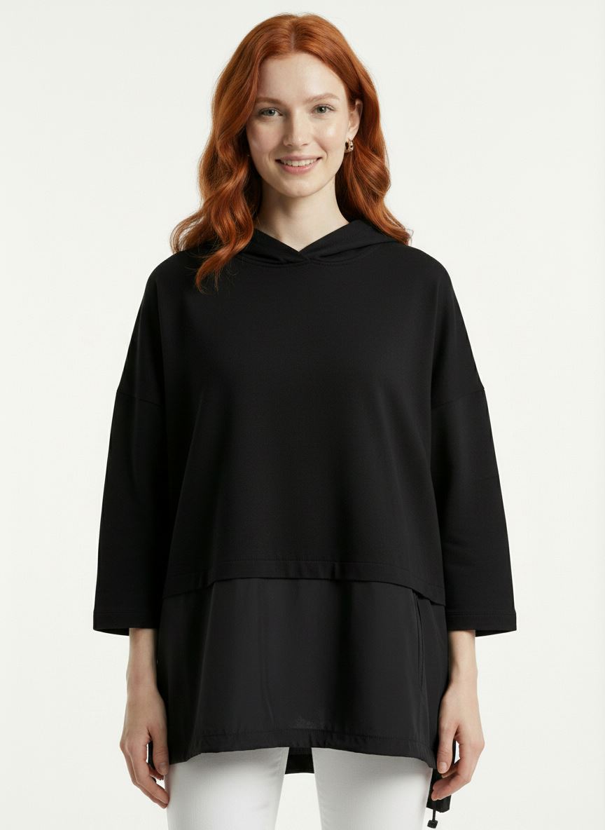 aa4e156f-dc4c-4484-88dd-d772fb79b6f7.jpg Kadın Oversize Siyah Kapüşonlu Rahat Sweatshirt - Görsel 1