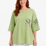 Kadın Yeşil Oversize Baskılı Tişört