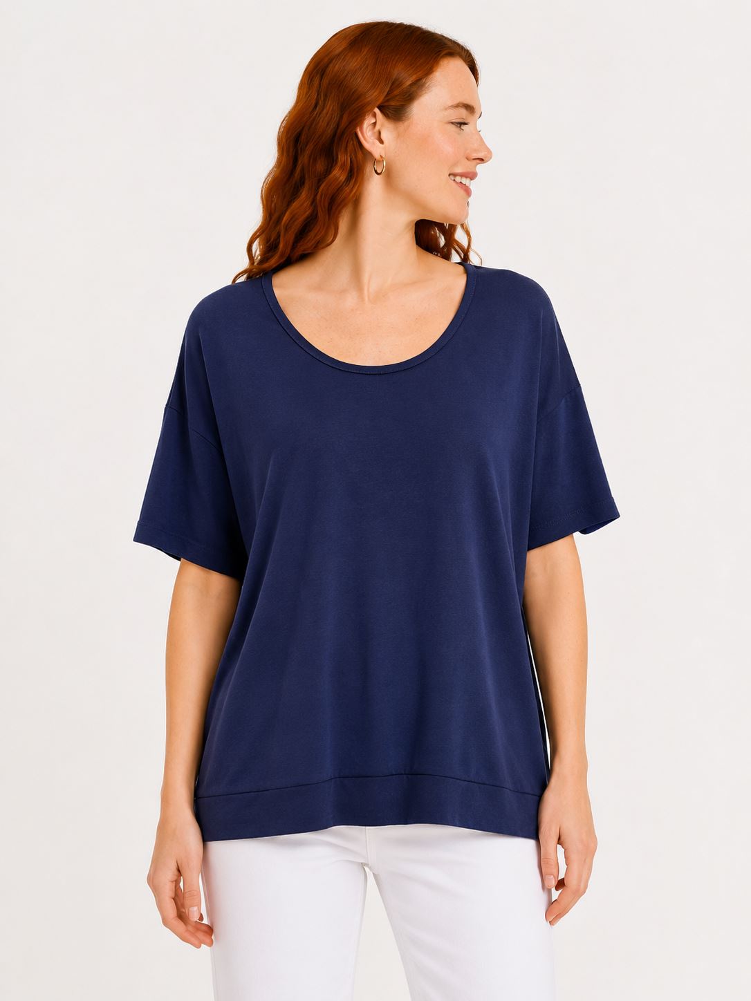 c53469a7-6d4c-495a-aab0-7c3c46d5032e.jpg Lacivert Oversize Kadın Basic T-Shirt - Görsel 1