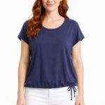 Kadın Lacivert Basic Yuvarlak Yaka Bağcıklı Pamuklu T-Shirt