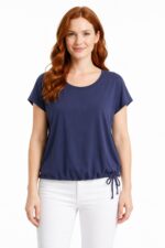 Kadın Lacivert Basic Yuvarlak Yaka Bağcıklı Pamuklu T-Shirt