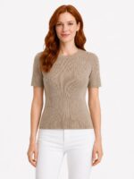 Kadın Vizon Renk Slim Fit Kısa Kollu Triko T-Shirt