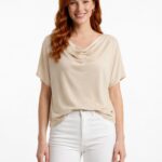 Kadın Basic Bej Kayık Yaka Kısa Kollu T-Shirt