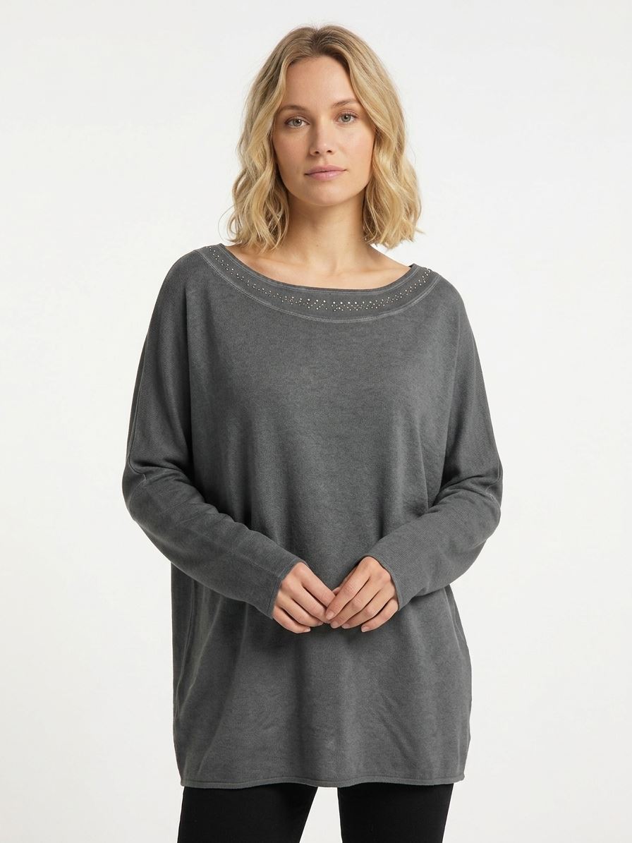 fa8d1371-aa03-4f35-b421-e2c2760a45c0.jpg Kadın Gri Triko Oversize Uzun Kol Bluz - Görsel 1