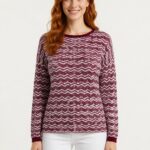 Neden Tekstil Bordo Beyaz Zigzag Desenli Yuvarlak Yaka Kadın İnce Triko Kazak