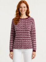 Neden Tekstil Bordo Beyaz Zigzag Desenli Yuvarlak Yaka Kadın İnce Triko Kazak