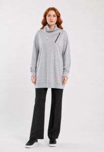 Neden Tekstil Kadın Gri Uzun Triko Sweatshirt Fermuarlı Yaka