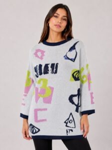 Neden Tekstil Kadın Renkli Desenli Triko Oversize Kazak