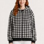 Neden Tekstil Kadın Kazayağı Desenli Kapüşonlu Fermuarlı Sweatshirt Ceket